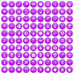 100 space technology icons set in purple circle isolated on white vector illustration