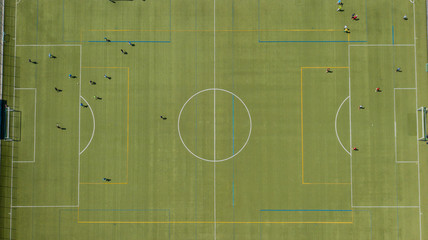 Aerial view of soccer field with players