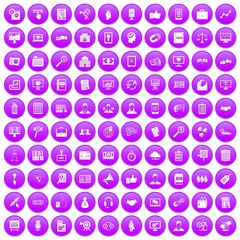 100 business training icons set in purple circle isolated vector illustration