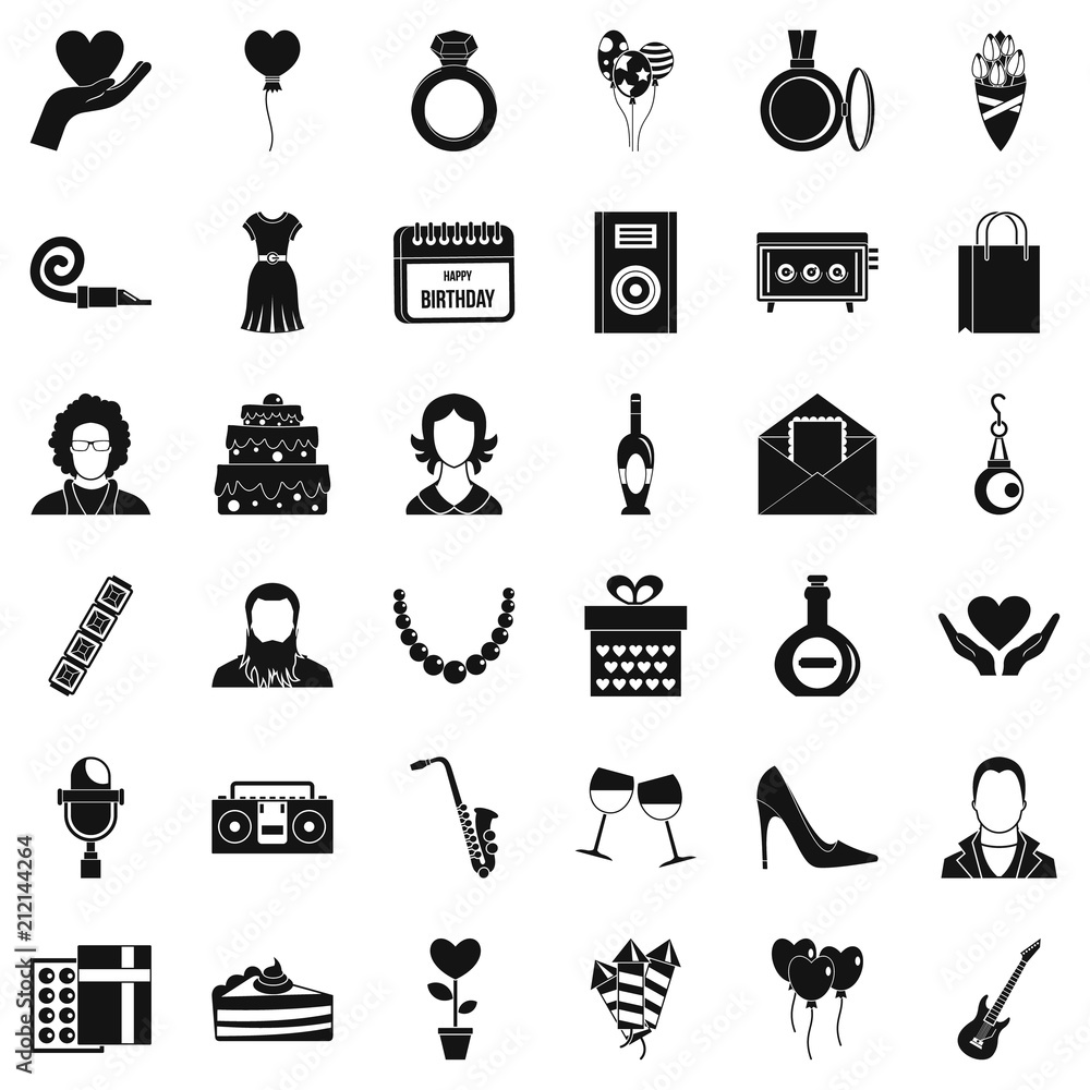 Poster birthday icons set. simple style of 36 birthday vector icons for web isolated on white background