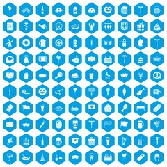 100 beer party icons set in blue hexagon isolated vector illustration
