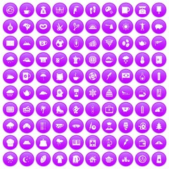 100 coffee cup icons set in purple circle isolated vector illustration