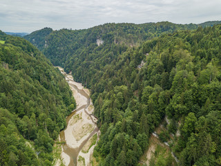 Aerial view of wild Sense river in Fribourg, Switzerland