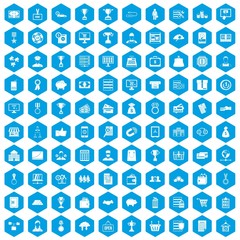 100 business icons set in blue hexagon isolated vector illustration