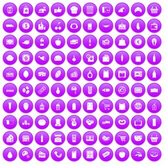 100 supermarket icons set in purple circle isolated on white vector illustration