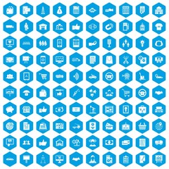 100 business icons set in blue hexagon isolated vector illustration