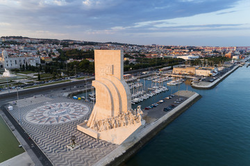 Aerial view of the Belém neighborhood in the city of Lisbon at sunset; Concept for travel in Portugal and visit Lisbon