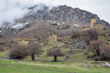 Mountains in clouds. Abandoned city, Ingushetia