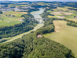 Aerial view of Grandfey railroad bridge in Switzerland, Canton of Fribourg