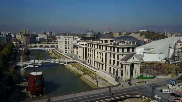 Aerial view of new government and other buildings in central Skopje, capital city of Macedonia that has undergone a major (highly criticized) reconstruction program