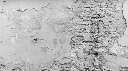 Full frame background of a weathered, damaged and plastered wall painted in black and white. Plaster is partly peeled off revealing old bricks.