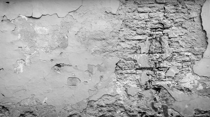 Full frame background of a weathered, damaged and plastered wall painted in black and white. Plaster is partly peeled off revealing old bricks.