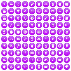 100 favorite food icons set in purple circle isolated vector illustration