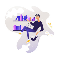 Young boy flying surrounded by books and shelves - studying and analysis of data theme. Man in information surroundings for education concept in cartoon vector illustration.