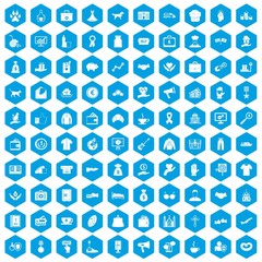 100 charity icons set in blue hexagon isolated vector illustration