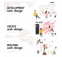 Web design development concept on horizontal banners set with it specialists team work on creating layout and filling site page with content and data - cartoon vector illustration of web designers.