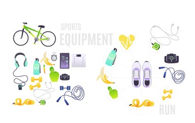 Sports equipment set with cartoon illustrations of necessary accessories for training isolated on white background - vector clothes and footwear, food and gadgets for sportsperson.