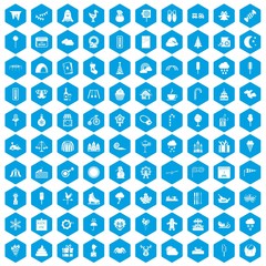 100 childrens parties icons set in blue hexagon isolated vector illustration