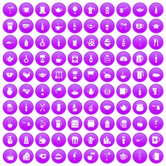 100 utensil icons set in purple circle isolated on white vector illustration