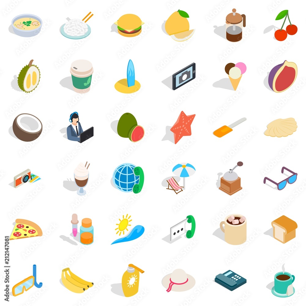 Poster breakfast icons set. isometric style of 36 breakfast vector icons for web isolated on white backgrou