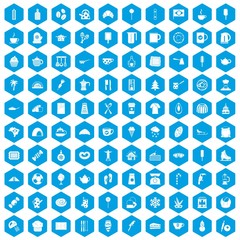 Fototapeta na wymiar 100 coffee icons set in blue hexagon isolated vector illustration