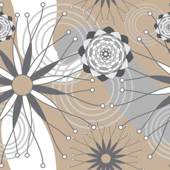 Brown Grey and White Geometric Modern Flowers Seamless repeat Pattern.