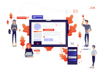 Social communication concept with cartoon people connecting with internet network and devices - information exchange through gadgets and online services in isolated vector illustration.