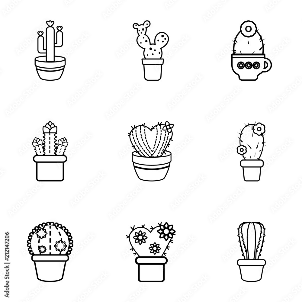 Poster type of cactus icons set. outline set of 9 type of cactus vector icons for web isolated on white bac