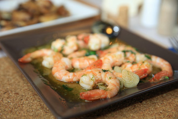 Portuguese garlic and herb boiled Prawns Tapas on Plate