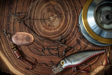 Fishing supplies on wood