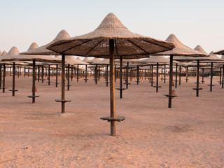 Straw umbrellas on the beach of Egypt