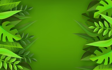 Paper art style natural border frame with various cut cardboard plant leaves with copy space - eco vector illustration banner with folded origami tropical foliage on green background.