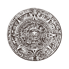 Vintage Mayan calendar. traditional native aztec culture. Ancient Monochrome Mexico. American Indians. Engraved hand drawn old sketch for label.