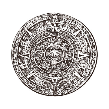 Vintage Mayan calendar. traditional native aztec culture. Ancient Monochrome Mexico. American Indians. Engraved hand drawn old sketch for label.
