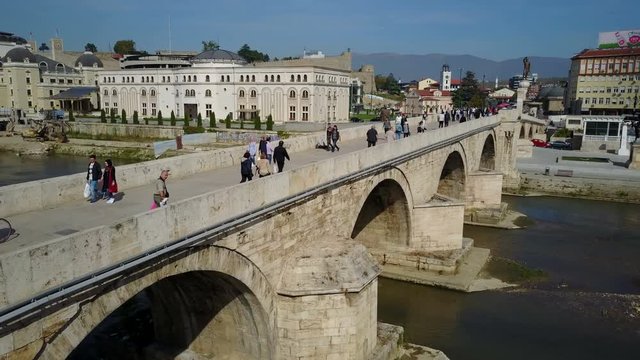 Drone flight over renovated bridge in central Skopje, Macedonia