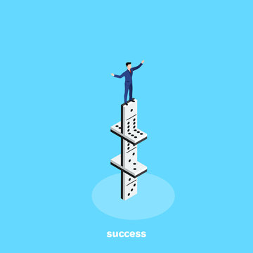 a man in a business suit stands on top of a domino building, isometric image