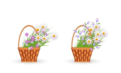 flat easter holiday wicker basket with colored chamomile, daisy flowers. Spring icon object for your design. Isolated vector illustration on a white background.