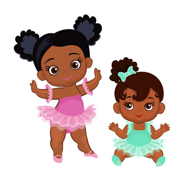 Vector cute little baby African American ballerinas in  tutu dresses.  Vector illustration isolated on white background.
