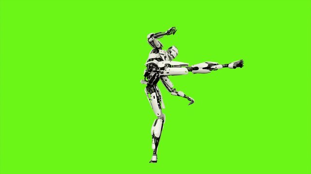 Robot android is shows your fighting skills. Realistic looped motion on green screen background. 4K.