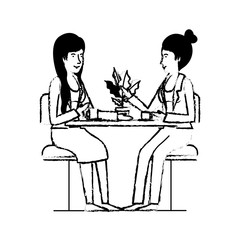women in the table drinking coffee with house plant vector illustration design