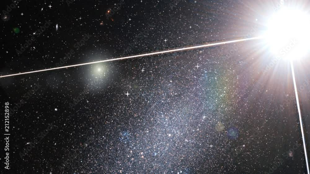 Wall mural space exploration around dwarf galaxy with flying stars and star burst in outer space, 3d animation.