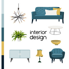vector interior design illustration. collection set of furniture realistc looking. trendy hohouse decor decoration. modern contemporary style. mid century modern cofa armchair chair.mood board. 