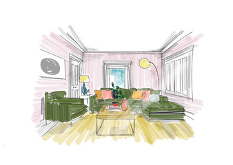 interior design sketch. hand drawn vector illustration of sitting room furniture.