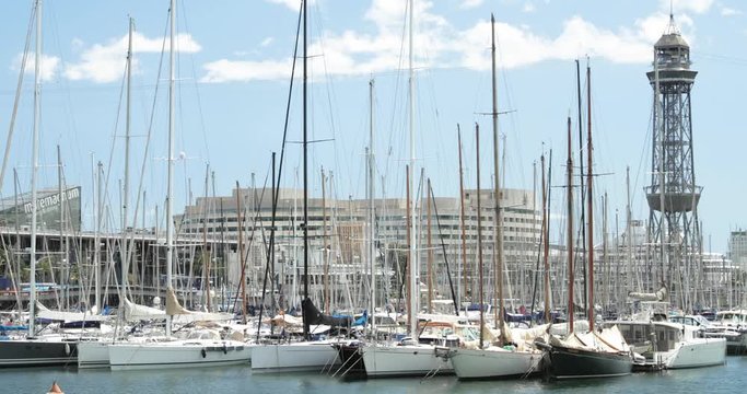 Barcelona, Spain - May 13, 2018: Barcelona, Spain. White Yachts Are Moored Near Gateway Rambla De Mar In Summer Day. Pan, Panorama