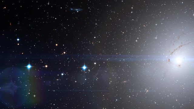 Space exploration around elliptical galaxy with flying stars and star burst in outer space, 3D animation. Contains public domain image by NASA