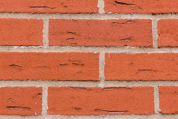 Obraz premium brickwork rectangular red stones cracks with cement gray lines parallel row natural wall close-up grunge background