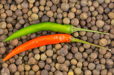 two long parallel pods of hot chili on a black pepper background large peppercorn background decor decoration cooking Mexican cuisine sauce