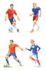 Figures of football players with a ball in the form of different colors on a white background painted with watercolor for football design.