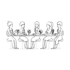 women in the table drinking coffee with house plants vector illustration design