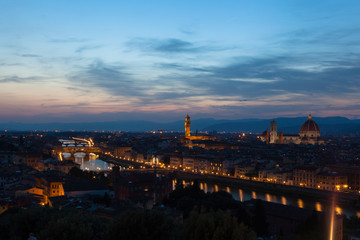 Fototapeta na wymiar Florence city during sunset. Panoramic view to the river Arno, with Ponte Vecchio, Palazzo Vecchio and Cathedral of Santa Maria del Fiore (Duomo), Florence, Italy